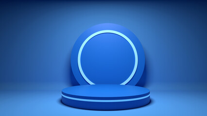 Blue Podium product display background with light effect 3d rendering