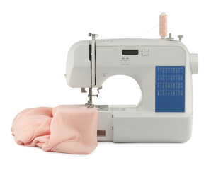 Sewing machine with cloth isolated on white