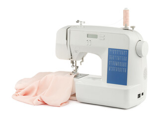 Sewing machine with cloth isolated on white