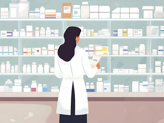 Pharmacist in front of medicine shelves on drug store background