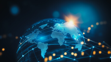 abstract business connection of line from nail node to node on world map background Innovation network points Earth's surface