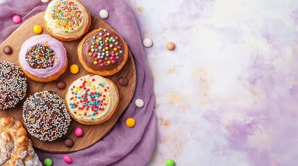 Fototapeta premium Colorful Festive Donuts with Sprinkles on Wooden Board for Celebrations and Sweet Treats, Pastel Palette