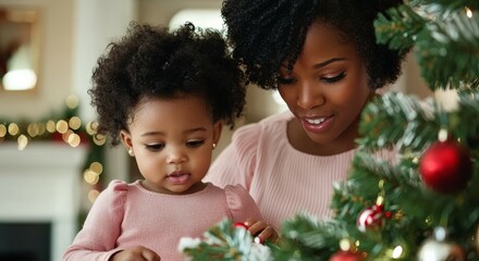 A mother and daughter joyfully decorate a Christmas tree, showcasing love and family connection during the festive season.