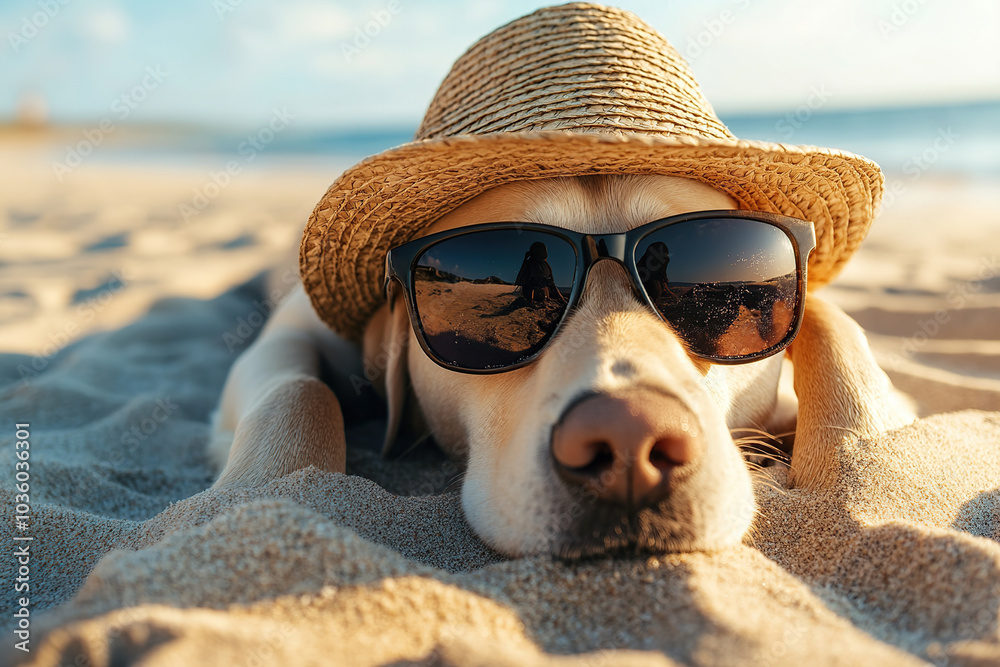 Poster Beautiful labrador dog lying on beach sand with sunglasses and hat