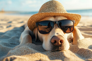 Beautiful labrador dog lying on beach sand with sunglasses and hat