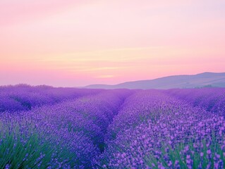 Lavender Fields at Sunset with Hazy Horizon