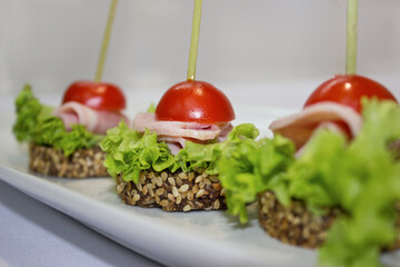 Vegetable dishes with meat, fish and eggs. Snacks, canapes. A variety of snacks. It's time to eat healthy food. Meals by the hour. The concept of a healthy lifestyle.