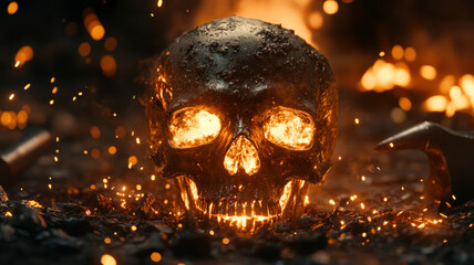 Burning skull amidst flames and ashes, emitting an eerie glow.