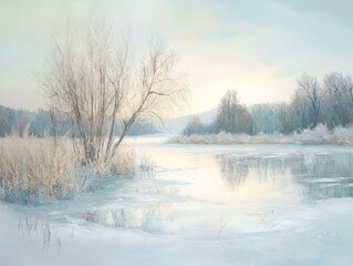Serene Winter Landscape with Frozen Lake and Bare Trees