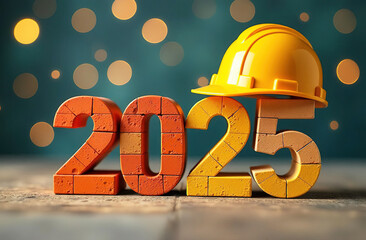 The numbers 2025 are made of bricks on a festive background. New year greeting card with yellow construction helmet  for builders.