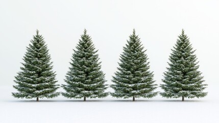 Obraz premium Four snow-covered evergreen trees stand in a row against a plain background, evoking a serene winter atmosphere.