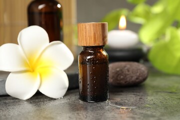 Spa composition with bottles of cosmetic products, plumeria flower and burning candle on grey table, closeup