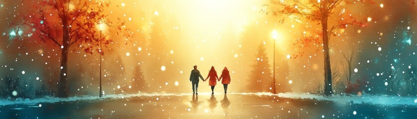 Obraz premium A serene winter scene featuring three people walking on a snowy path illuminated by warm glowing lights amidst colorful trees.