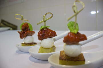 Vegetable dishes with meat, fish and eggs. Snacks, canapes. A variety of snacks. It's time to eat healthy food. Meals by the hour. The concept of a healthy lifestyle.