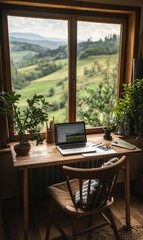 Fototapeta premium Wooden desk with laptop overlooking a valley.