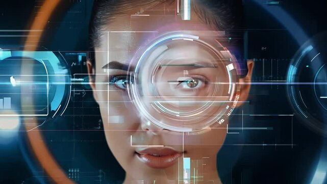 Close-up of a woman's face with futuristic digital interface elements and data visualization overlays. Technology and biometric scanning concept. Design for poster, banner, header