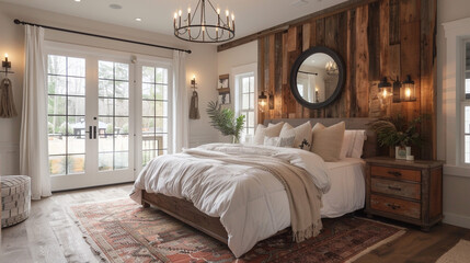 A transitional bedroom that combines rustic and modern elements, with a large reclaimed wood bedframe, cozy white bedding, and a sleek black metal chandelier