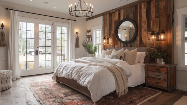 A transitional bedroom that combines rustic and modern elements, with a large reclaimed wood bedframe, cozy white bedding, and a sleek black metal chandelier