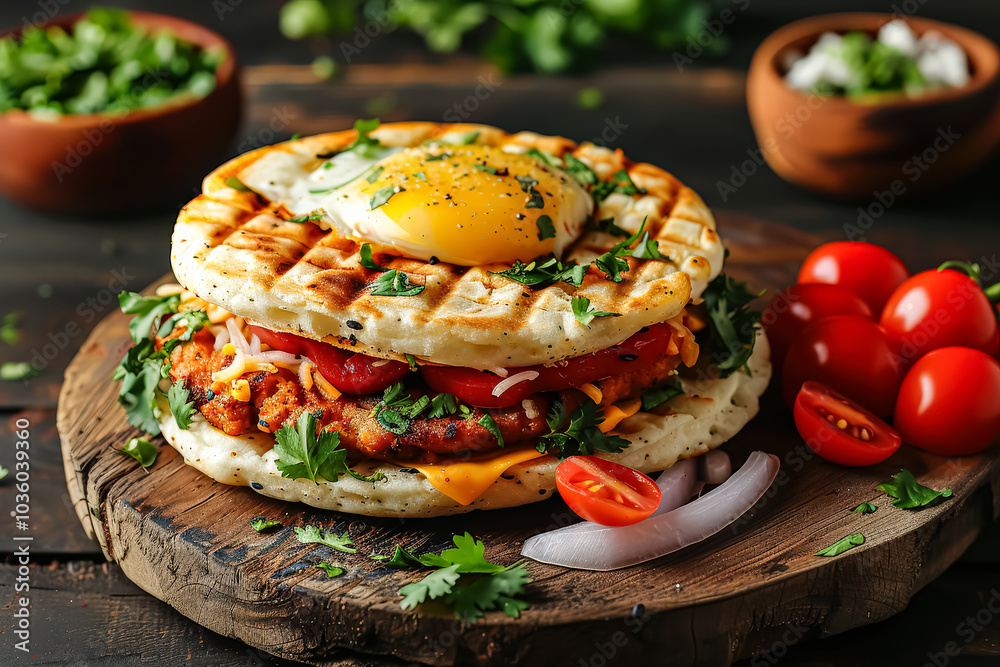 Wall mural grilled chicken sandwich with a side of vegetables. the sandwich is piled high with meat and vegetab