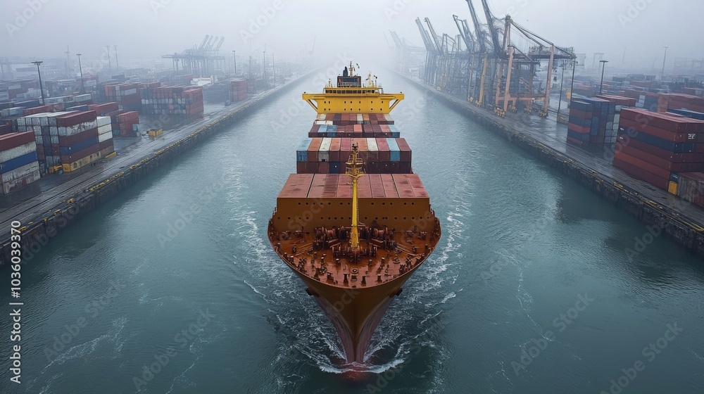Poster A container ship makes its way through a misty port, flanked by high cranes and an array of colorful cargo containers, creating a bustling maritime scene.