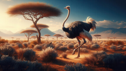 A Somali Ostrich, showcasing its striking appearance in the arid landscapes of the Horn of Africa