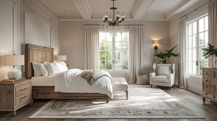 A transitional bedroom with a cozy, inviting feel