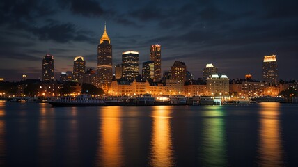 Fototapeta premium A cityscape at night with a river in the foreground and the city lights reflecting off the water.