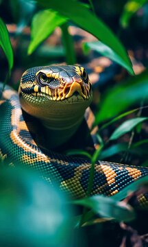A stunning close up of a green python nestled among vibrant leaves showcasing its intricate scales and striking colors in a natural habitat setting