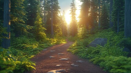 Obraz premium Serene forest path illuminated by sunset.