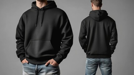 Mockup of black hoodie with pocket, zip fastener on posing guy in jeans, isolated on background. Men's sweatshirt template for design presentation, advertising, print. Set of clothes front, back view 