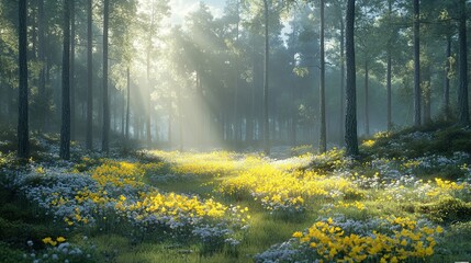 Obraz premium Serene forest with sunlight and wildflowers.