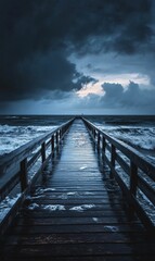 Fototapeta premium Wooden pier leading out to stormy sea.