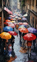 Naklejka premium Colorful umbrellas on a rainy street.