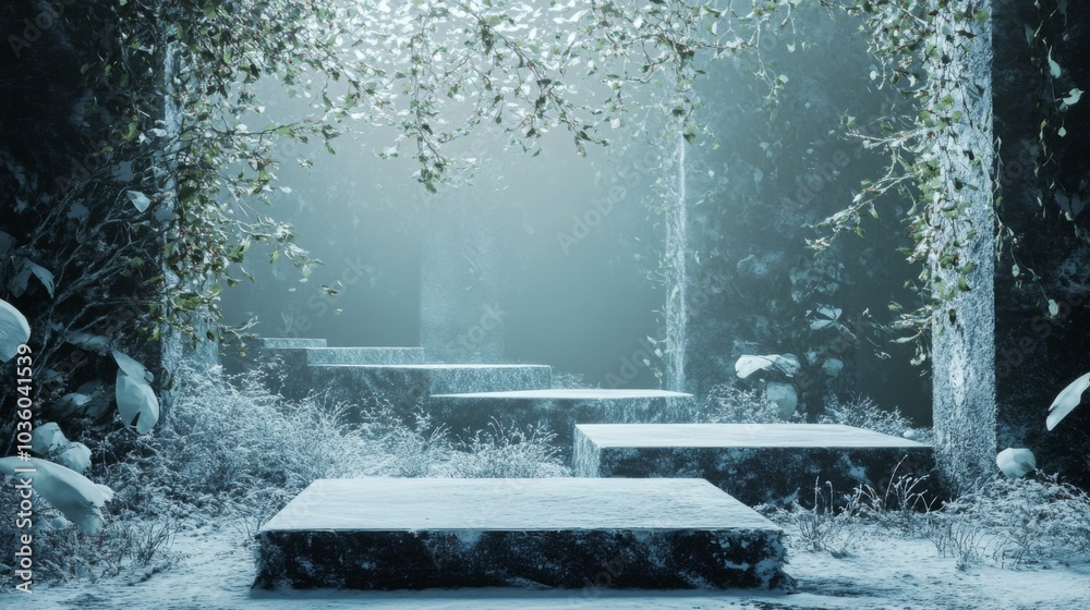 Aufkleber a series of snow-covered stone platforms sit in the middle of a forest. the platforms are surrounded