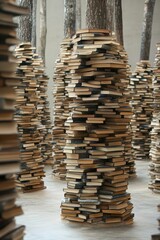 Obraz premium Artistic Installation of Stacked Books as Tree Trunks