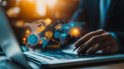  Business person evaluates metrics for charts and graphs with statistics to innovative analyze business potential and forecast future development of companies growth., setting goals for expansion.

