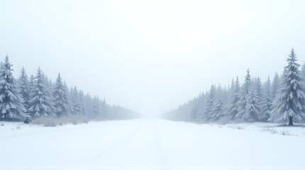 frozen evergreen trees line winter landscape plenty empty white space text