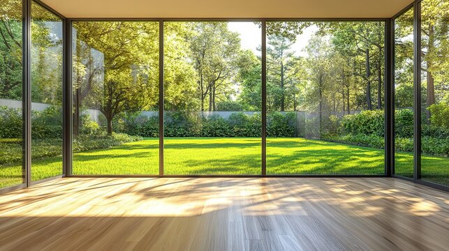 Fototapeta Empty room with big windows and backyard view