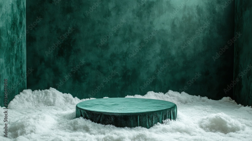 Poster in a tranquil green space, a circular velvet platform rests on fluffy white layers, creating an invi