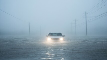 A car driving through flooded roads during a heavy storm, headlights barely visible through the rain