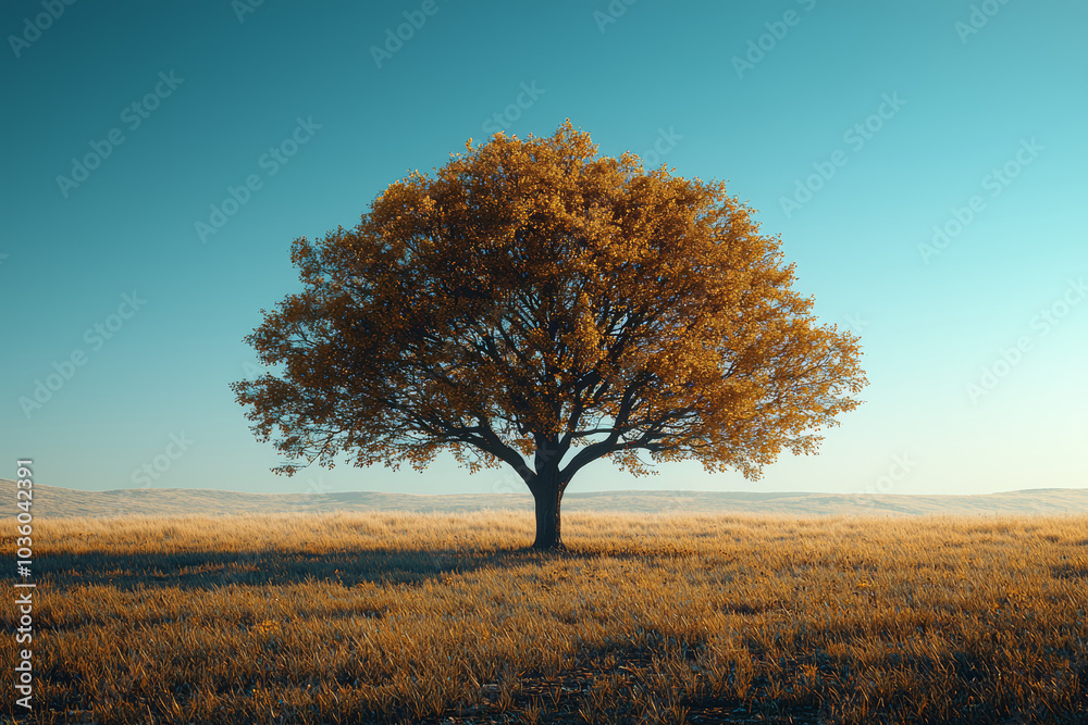 Wall mural a single tree standing in a vast open field, representing isolation and growth. concept of minimalis