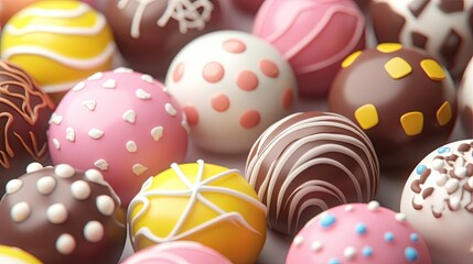 Obraz premium A variety of handmade chocolate sweets are spread on the table. Candy. Illustration for a banner, poster, cover, brochure or presentation.