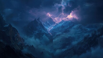 Lightning illuminating the stormy night sky over a mountain range, capturing the intensity of nature&acirc;&euro;&trade;s power
