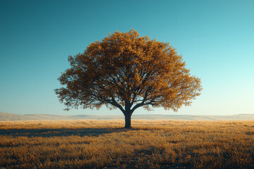 Fototapeta premium A single tree standing in a vast open field, representing isolation and growth. Concept of minimalism.