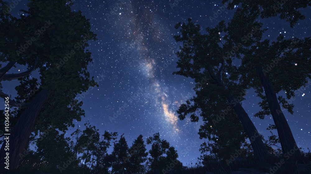 Wall mural a view of a night sky with the milky way and trees, ai