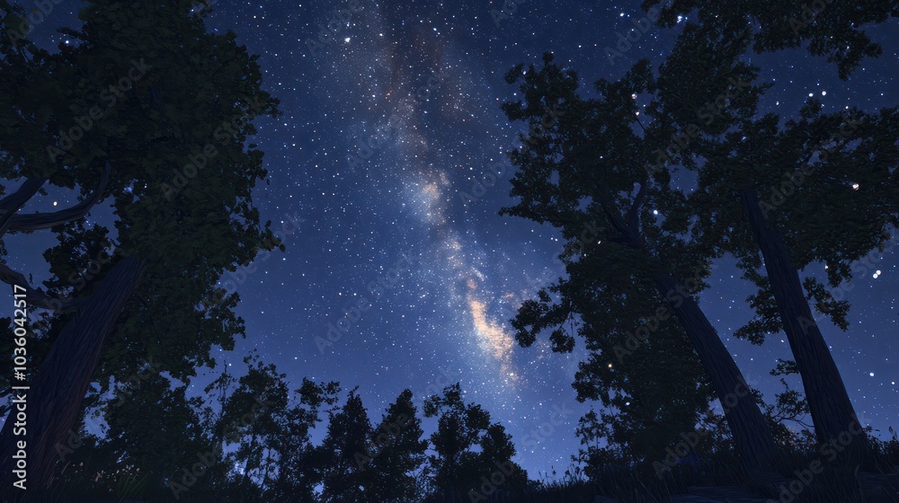 Wall mural a view of a night sky with the milky way and trees, ai