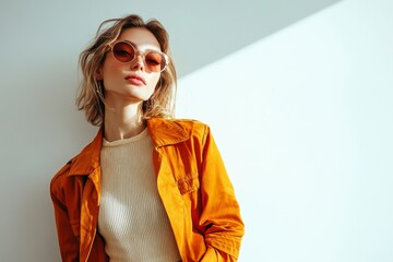 A young woman with short blonde hair wearing sunglasses and a bright orange jacket, stands against a white wall with sunlight and shadows.