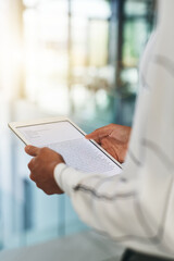 Office, hands or businessperson with tablet screen for reading, information or compliance of...