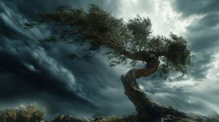 Fototapeta premium A tree bending under the force of high winds during a storm, with dark clouds swirling in the sky