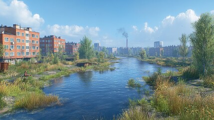 Fototapeta premium Serene river scene with urban backdrop and greenery.
